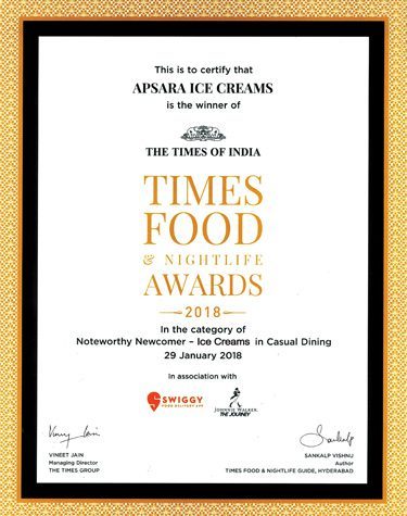 Times Food Award Certificate - Apsara Ice Creams